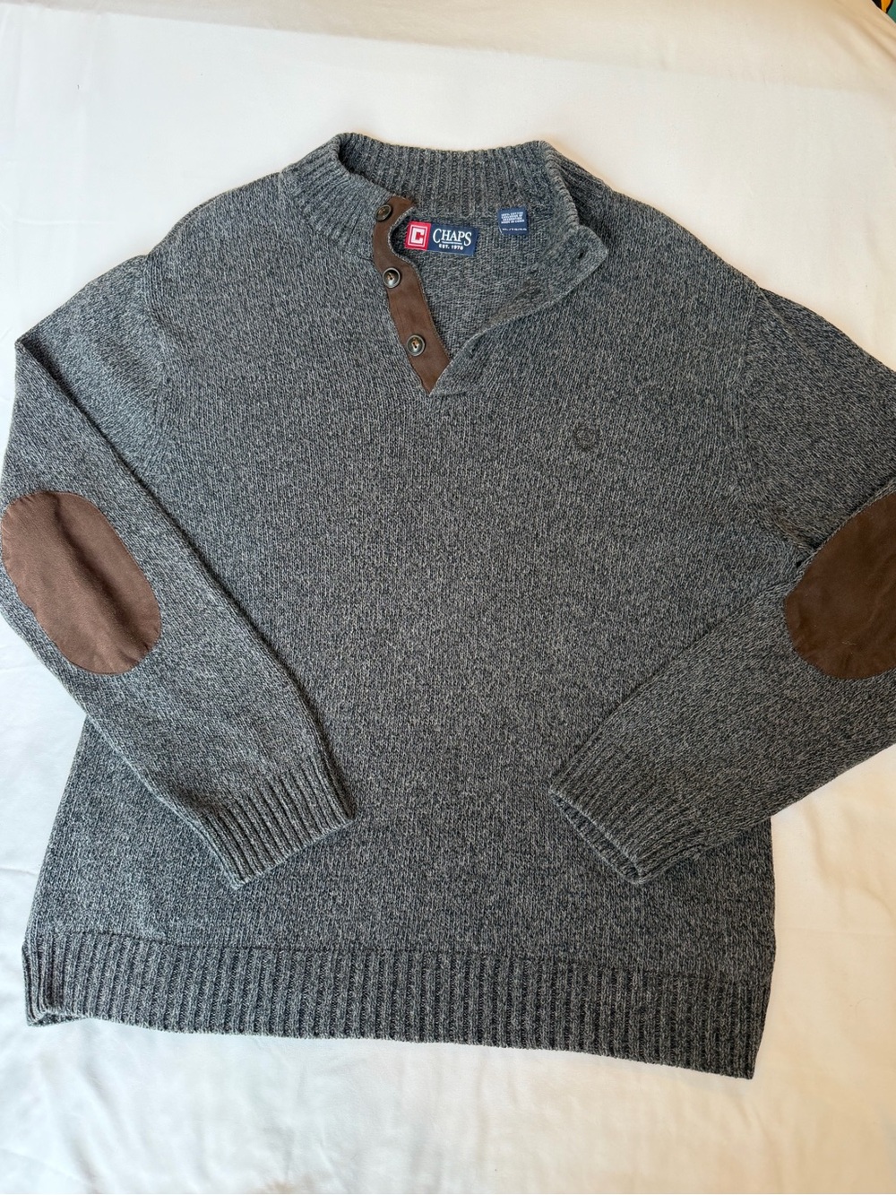 Chaps Mens XL Gray 100% Cotton Sweater Elbow Patches Mock Neck Button
